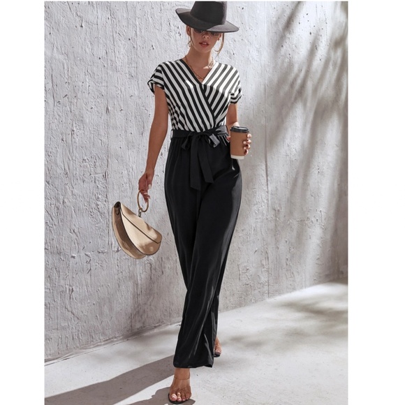 Striped Top V-Neck Surplice Short Sleeve White Black Wide Leg Jumpsuit - Picture 8 of 14